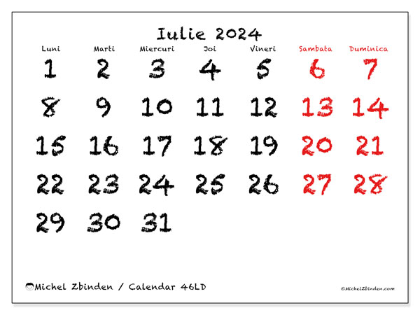 Calendar iulie 2024, 46LD, gata de a fi tipărite și gratuite.