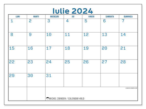 Calendar iulie 2024, 49LD, gata de a fi tipărite și gratuite.