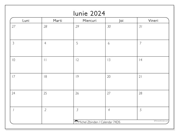 Calendar iunie 2024, 74DS, gata de a fi tipărite și gratuite.