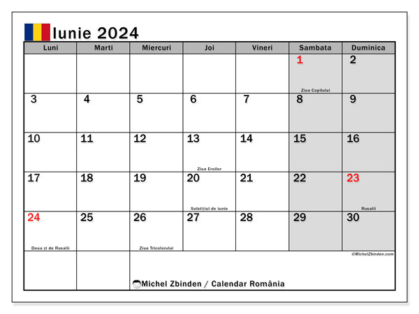 Kalender Juni 2024, Rumänien (RO). Programm zum Ausdrucken kostenlos.