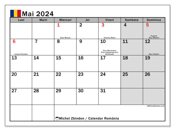 Calendario maggio 2024, Romania (RO). Programma da stampare gratuito.