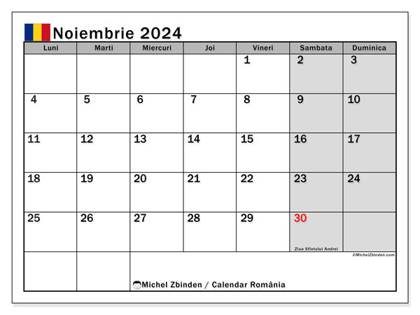 Calendario novembre 2024, Romania (RO). Piano da stampare gratuito.