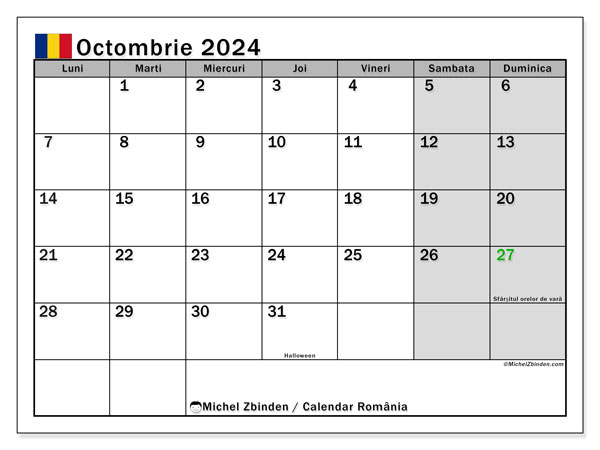 Kalender Oktober 2024, Rumänien (RO). Plan zum Ausdrucken kostenlos.
