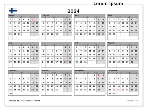 Kalender årlig 2024 “Finland”. Gratis kalender som kan skrivas ut.. Måndag till söndag