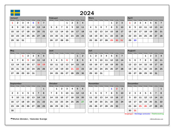 Kalender årlig 2024 “Sverige”. Gratis karta som kan skrivas ut.. Måndag till söndag