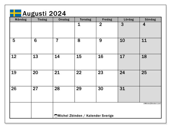 Calendario agosto 2024, Svezia (SV). Calendario da stampare gratuito.
