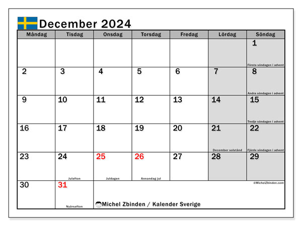 Calendario dicembre 2024, Svezia (SV). Piano da stampare gratuito.