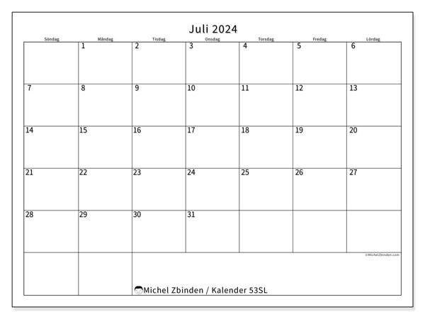 Kalender juli 2024, 53SL, klar att skriva ut och gratis.