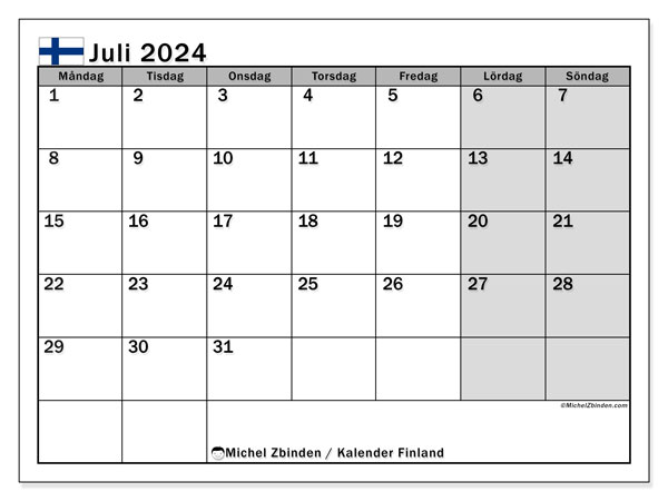 Kalender juli 2024 “Finland”. Schema för gratis utskrift.. Måndag till söndag