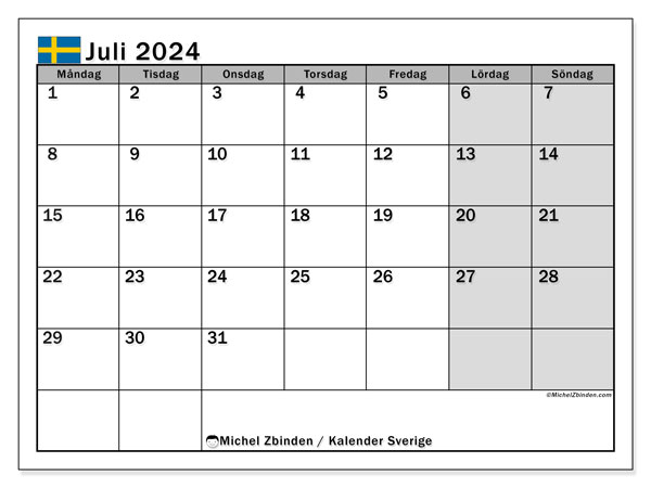 Calendario luglio 2024, Svezia (SV). Orario da stampare gratuito.