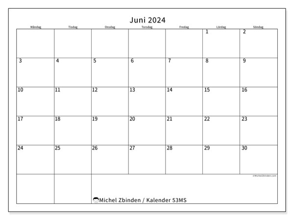 Kalender juni 2024, 53MS, klar att skriva ut och gratis.