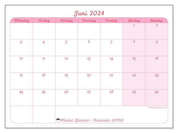 Kalender juni 2024, 63MS, klar att skriva ut och gratis.