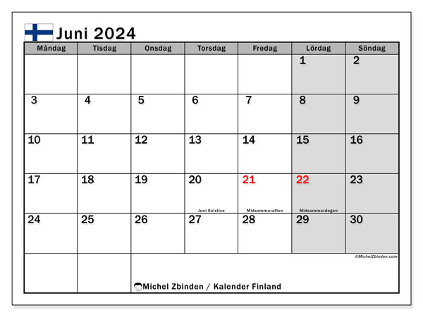 Kalender Juni 2024, Finnland (SV). Programm zum Ausdrucken kostenlos.