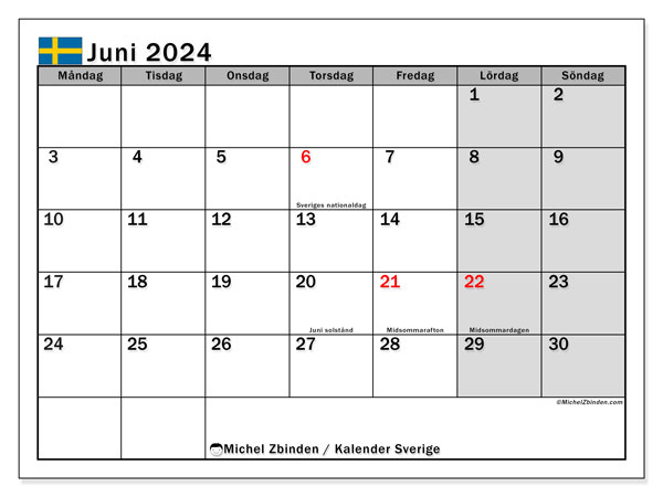 Kalender juni 2024 “Sverige”. Gratis utskrivbart program.. Måndag till söndag