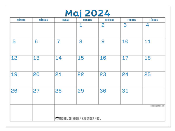 Kalender maj 2024, 49SL, klar att skriva ut och gratis.
