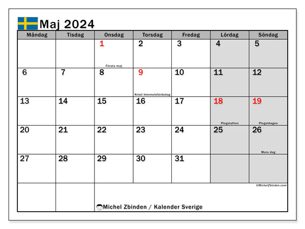 Kalender maj 2024 “Sverige”. Gratis utskrivbart program.. Måndag till söndag
