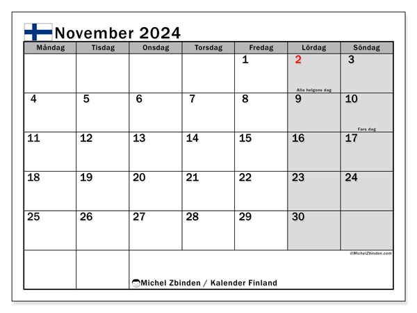 Kalender November 2024, Finnland (SV). Kalender zum Ausdrucken kostenlos.