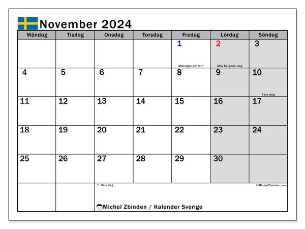 Calendario novembre 2024, Svezia (SV). Piano da stampare gratuito.