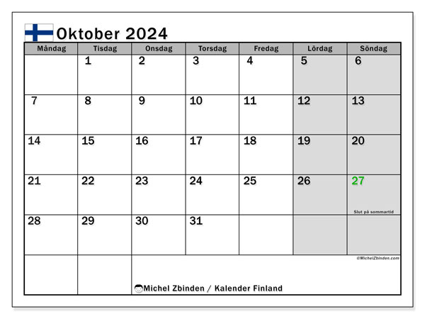 Kalender Oktober 2024, Finnland (SV). Plan zum Ausdrucken kostenlos.