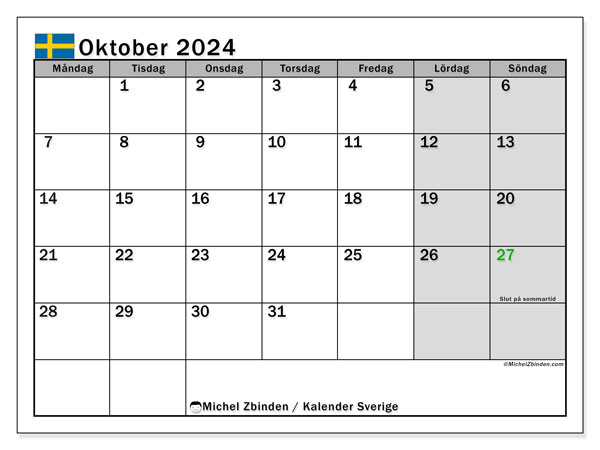 Kalender Oktober 2024, Schweden (SV). Plan zum Ausdrucken kostenlos.