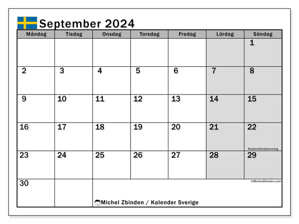 Kalender September 2024, Schweden (SV). Plan zum Ausdrucken kostenlos.