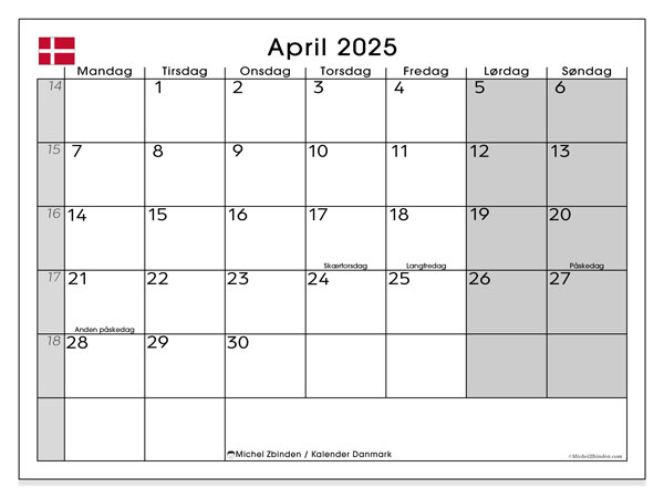 Calendario aprile 2025, Danimarca (DA). Piano da stampare gratuito.