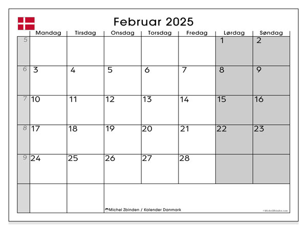 Calendario febbraio 2025, Danimarca (DA). Programma da stampare gratuito.