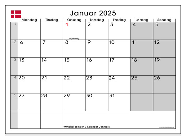 Kalender januar 2025 “Danmark”. Gratis kalender til print.. Mandag til søndag