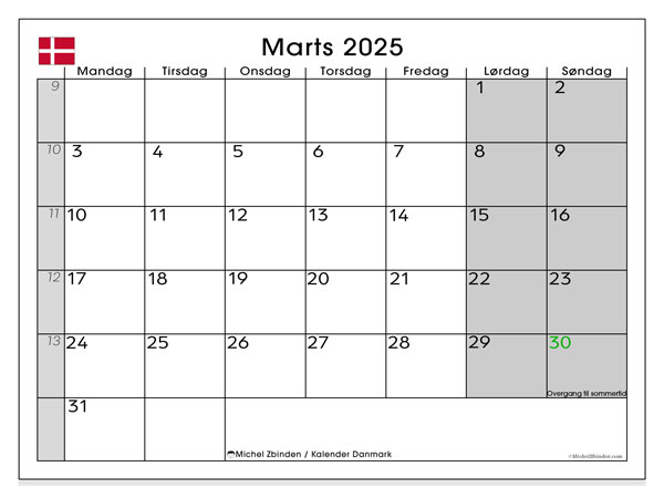 Kalender März 2025, Dänemark (DA). Programm zum Ausdrucken kostenlos.