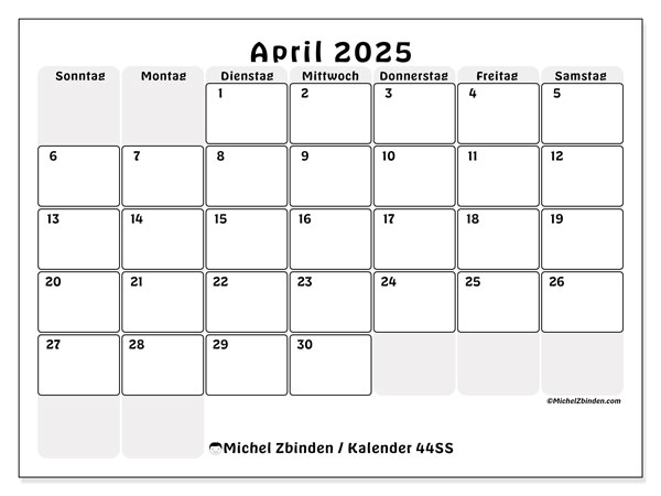 Kalender April 2025, 44SS. Kalender zum Ausdrucken kostenlos.