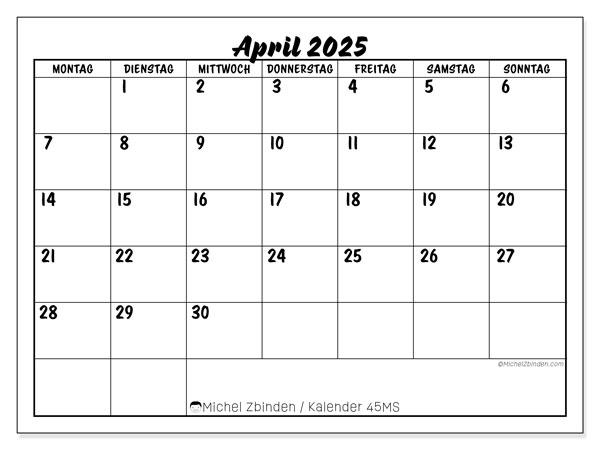 Kalender April 2025, 45MS. Kalender zum Ausdrucken kostenlos.