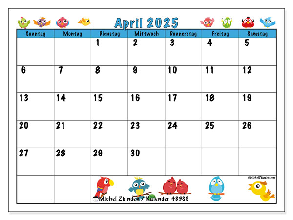 Kalender April 2025, 483SS. Kalender zum Ausdrucken kostenlos.