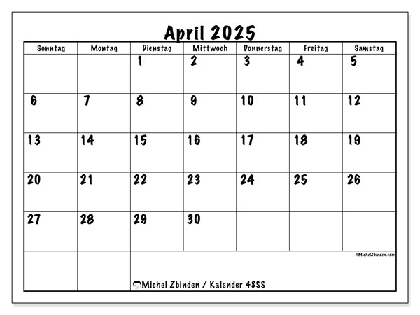 Kalender April 2025, 48SS. Kalender zum Ausdrucken kostenlos.