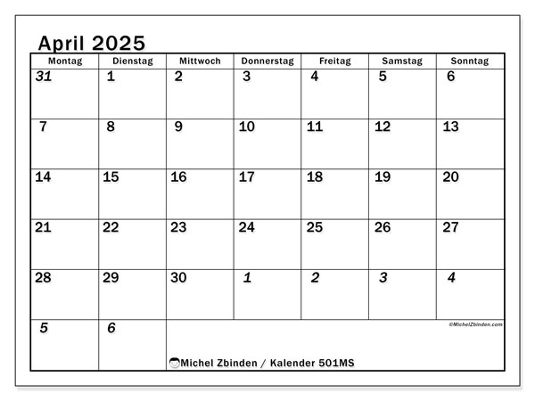 Kalender April 2025, 501MS. Kalender zum Ausdrucken kostenlos.