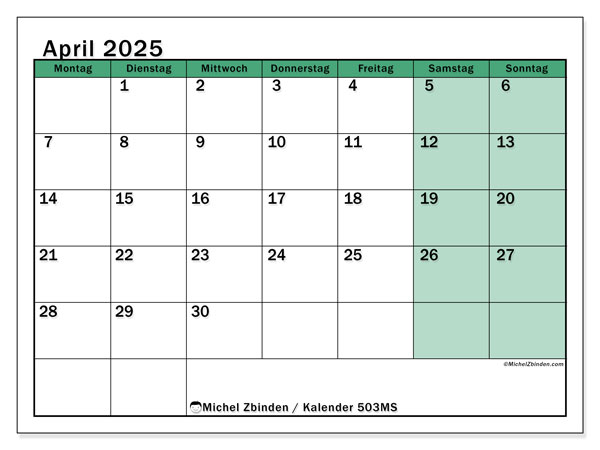 Kalender April 2025, 503MS. Kalender zum Ausdrucken kostenlos.