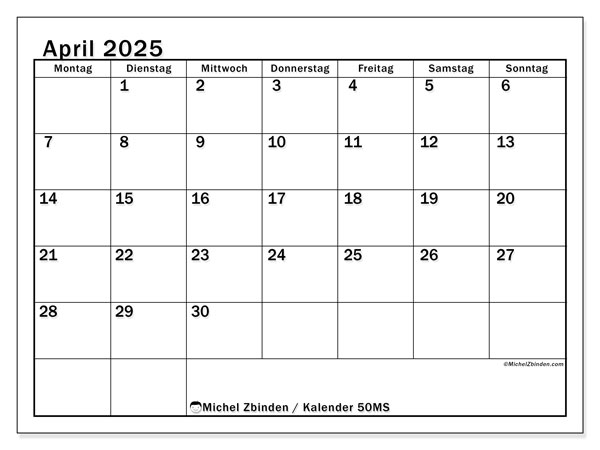 Kalender April 2025, 50MS. Kalender zum Ausdrucken kostenlos.
