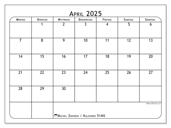 Kalender April 2025 “51”. Programm zum Ausdrucken kostenlos.. Montag bis Sonntag