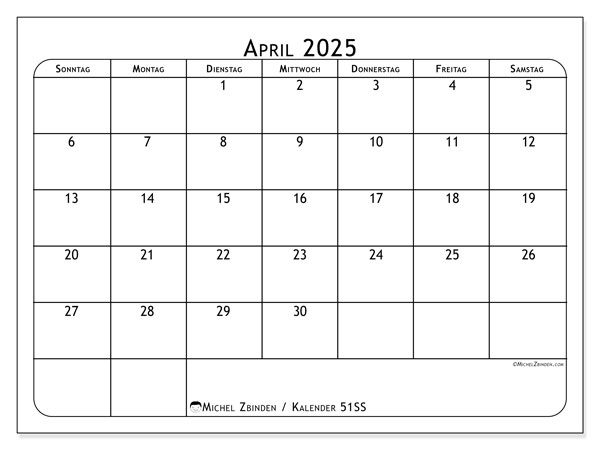 Kalender April 2025 “51”. Programm zum Ausdrucken kostenlos.. Sonntag bis Samstag