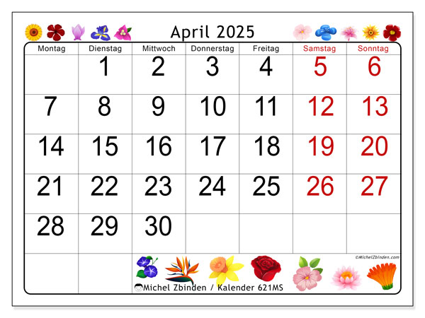 Kalender April 2025, 621MS. Kalender zum Ausdrucken kostenlos.