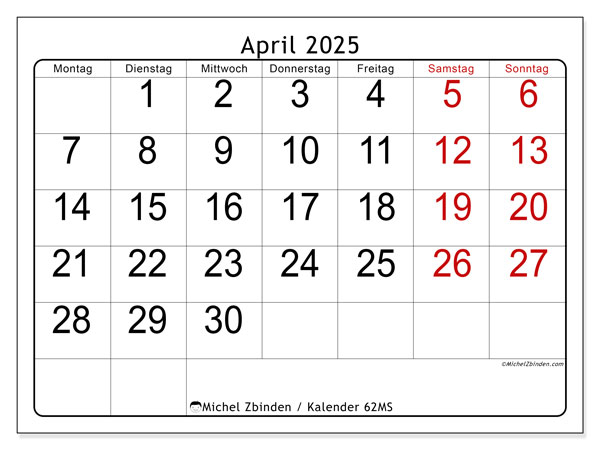 Kalender April 2025 “62”. Programm zum Ausdrucken kostenlos.. Montag bis Sonntag