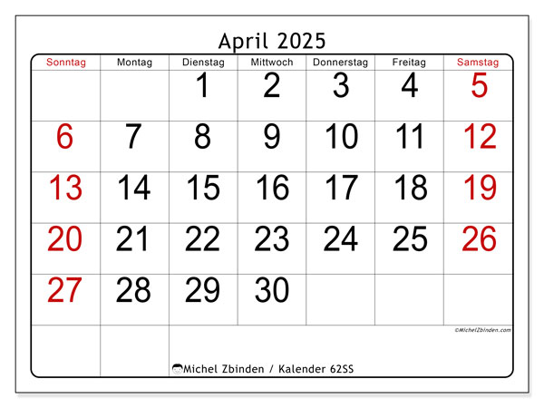 Kalender April 2025 “62”. Programm zum Ausdrucken kostenlos.. Sonntag bis Samstag