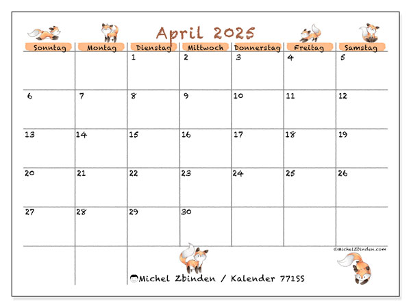 Kalender April 2025, 771SS. Kalender zum Ausdrucken kostenlos.
