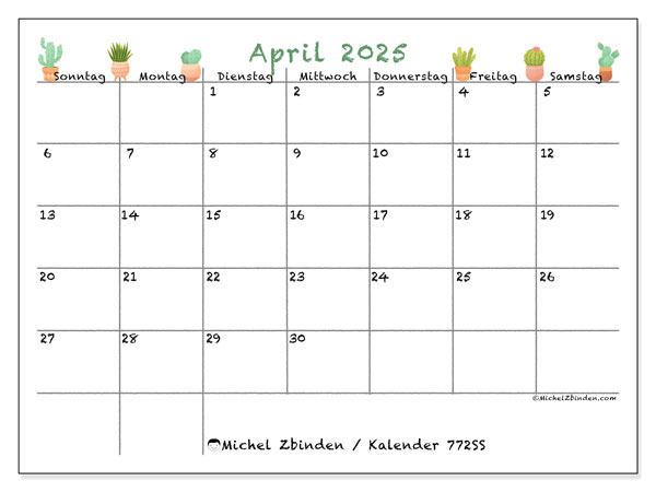 Kalender April 2025, 772SS. Kalender zum Ausdrucken kostenlos.