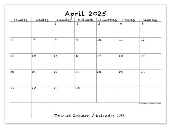 Kalender April 2025, 77SS. Kalender zum Ausdrucken kostenlos.