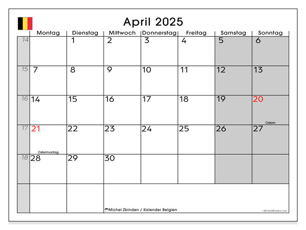 Calendario aprile 2025, Belgio (DE). Piano da stampare gratuito.