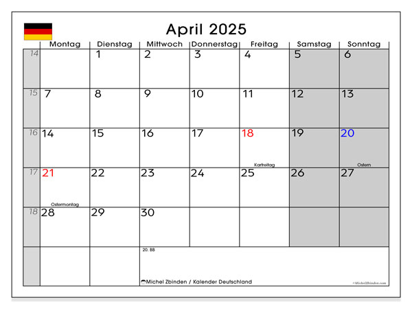 Calendario aprile 2025, Germania (DE). Piano da stampare gratuito.