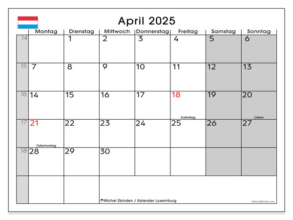 Calendario aprile 2025, Lussemburgo (DE). Piano da stampare gratuito.