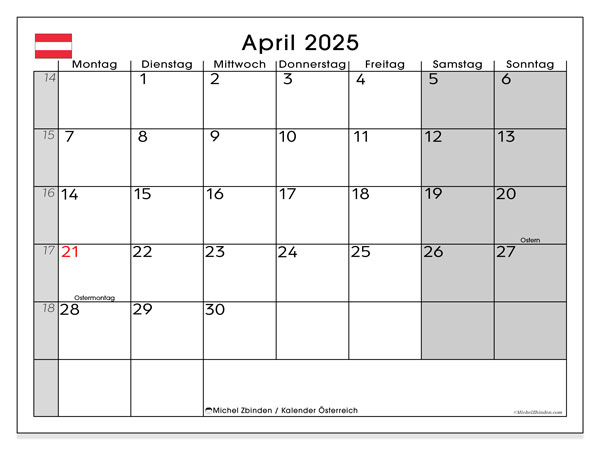 Calendario aprile 2025, Austria (DE). Piano da stampare gratuito.