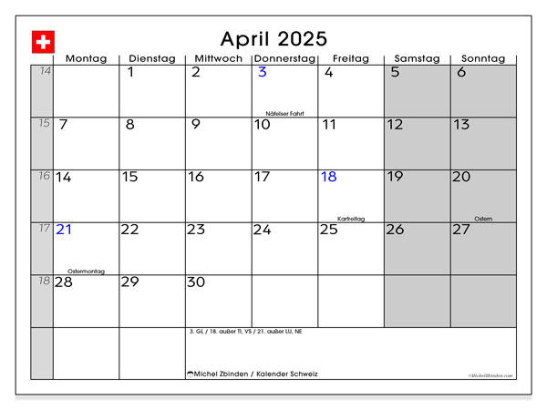Kalender April 2025 “Schweiz”. Plan zum Ausdrucken kostenlos.. Montag bis Sonntag