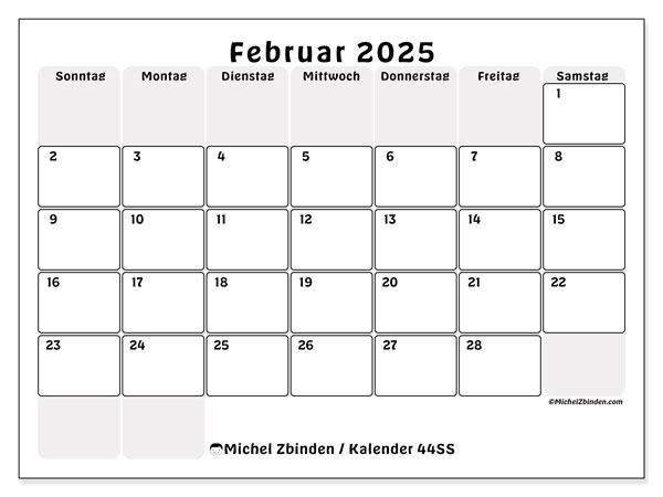 Kalender Februar 2025, 44SS. Plan zum Ausdrucken kostenlos.